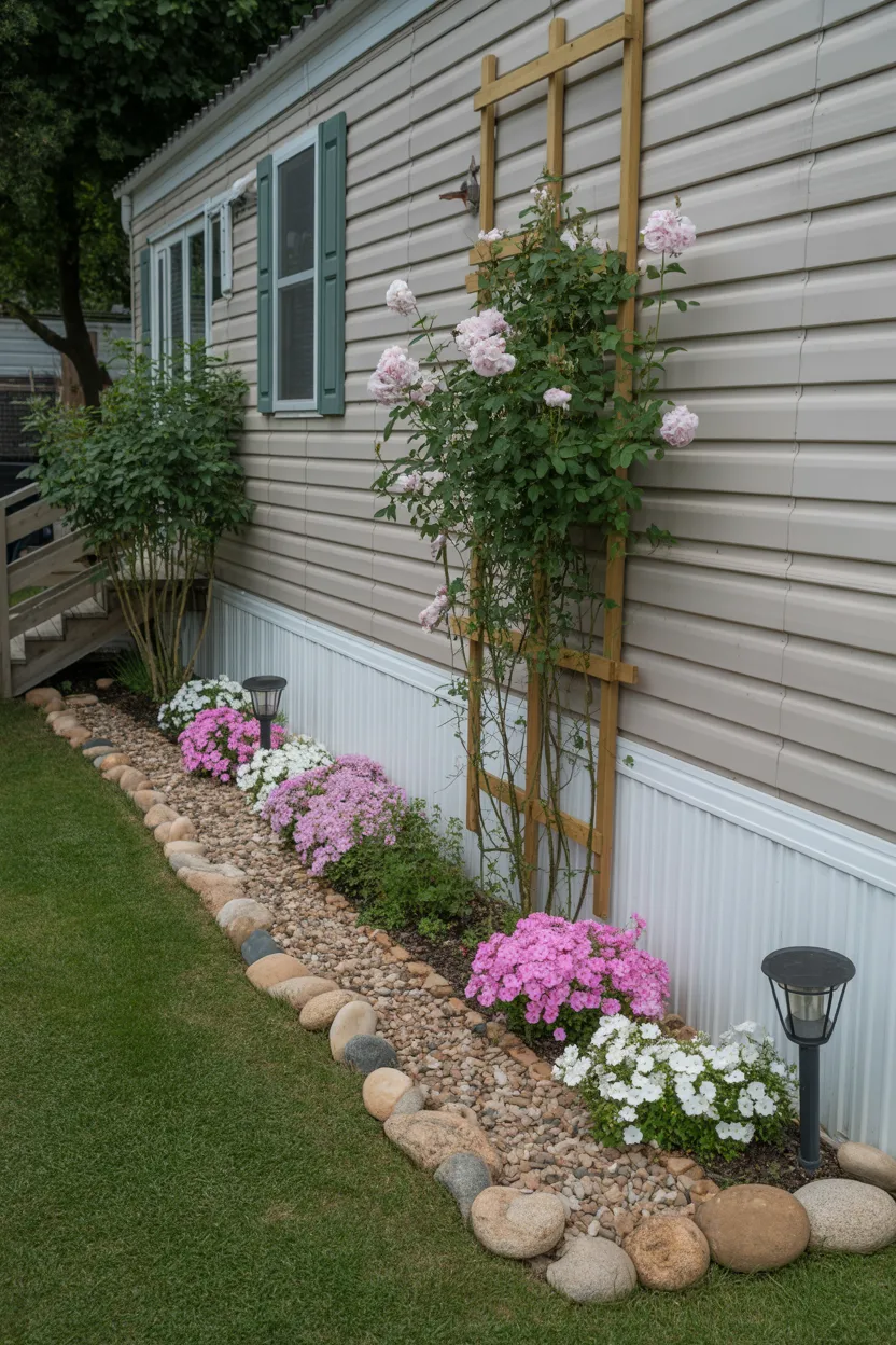 Mobile Home Skirt Garden With Flowering Ground Cover and Edging