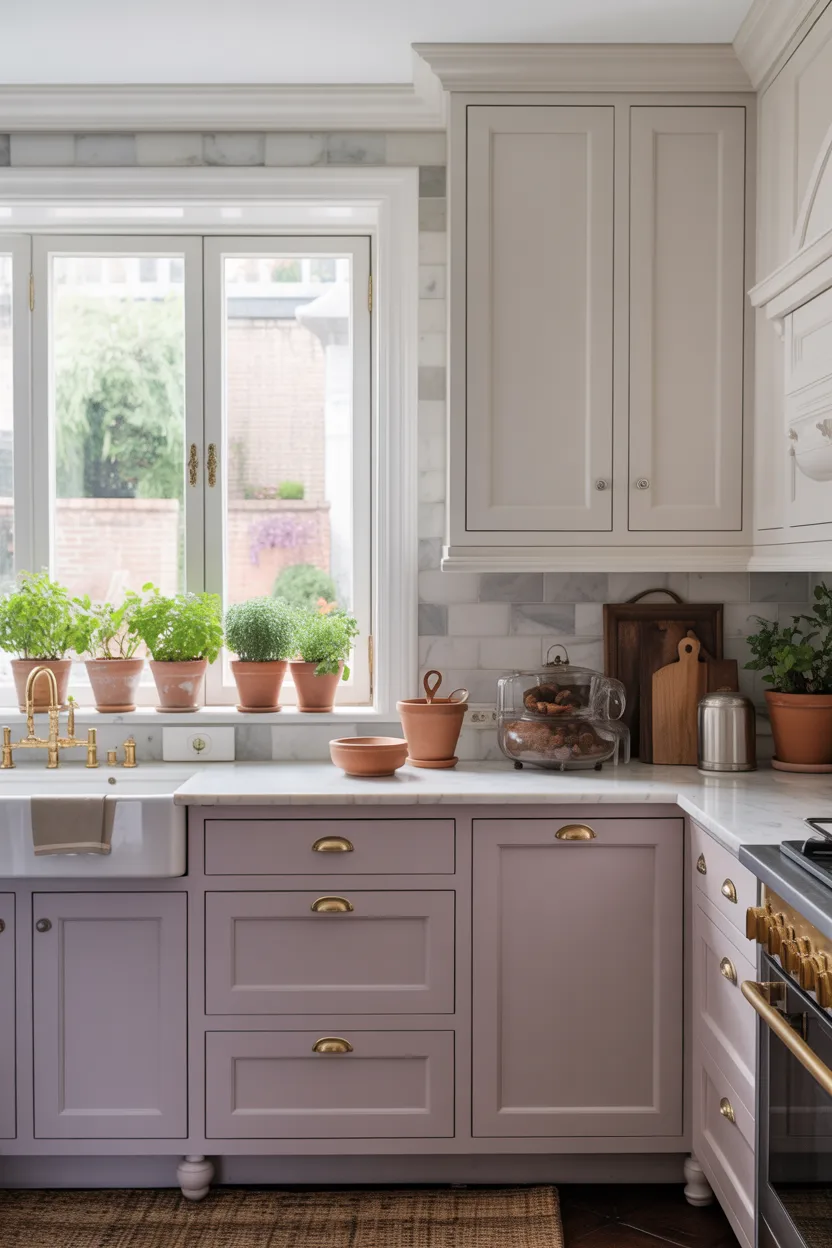 Lavender Lowers With Dove White Upper Cabinets