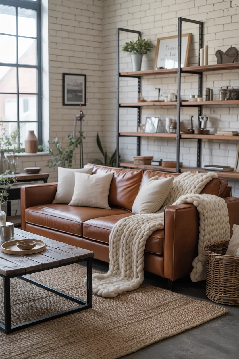 Leather Sofa and Knit Throws in an Industrial Farmhouse Living Room