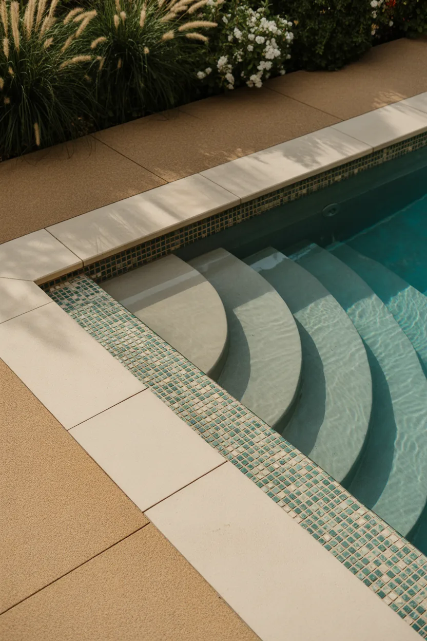 Limestone Coping With Mosaic Waterline Tile