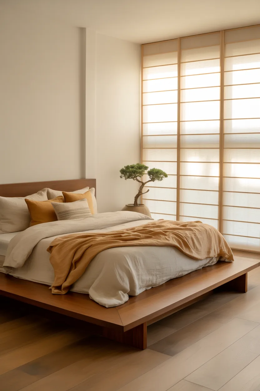 Low Platform Bed With Natural Linen Bedding