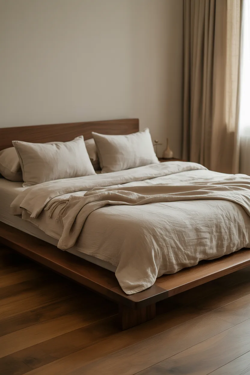 Low Platform Bed in Solid Walnut With Linen Bedding