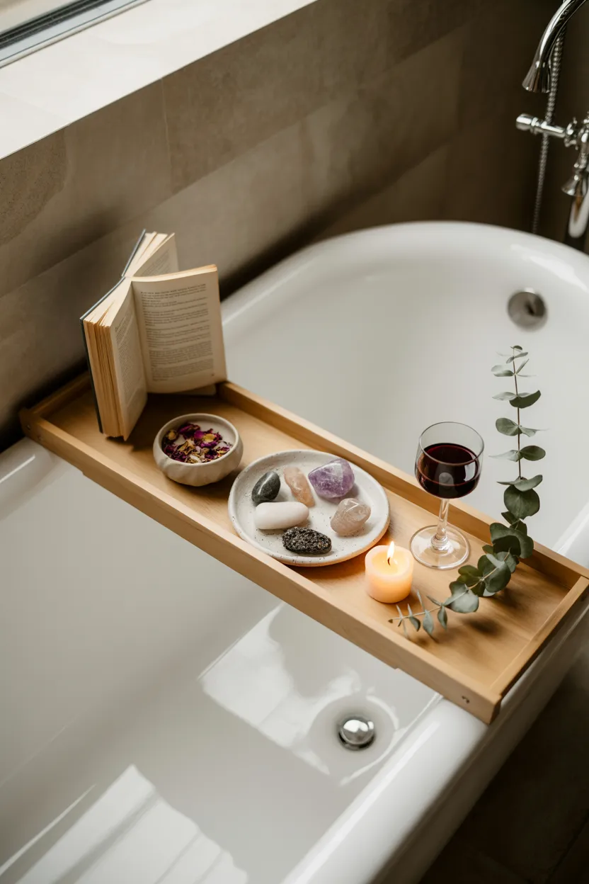  Boho Bathroom With Wooden Bathtub Tray and Ritual Styling