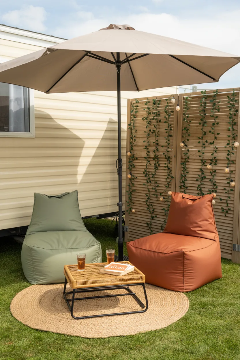 Cozy Corner Nook With Outdoor Bean Bag Chairs and Shade Umbrella