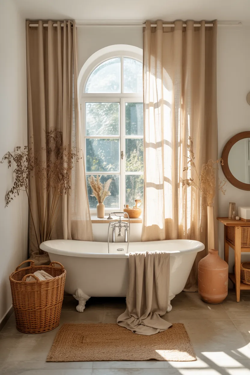 Boho Bathroom With Natural Linen Curtains and Arch Window