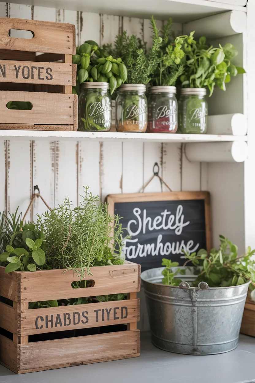 Mason Jar Decor and Vintage Crates for Farmhouse Character
