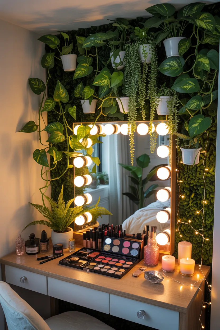 Maximalist Vanity With Plant Wall Backdrop