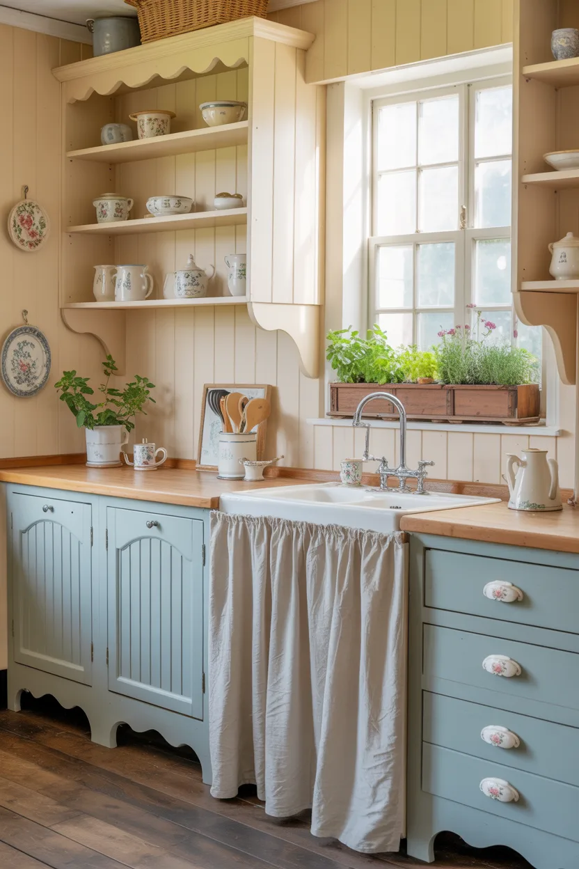  Scalloped Cabinet Edge Detail With Pastel Paint and Floral Hardware
