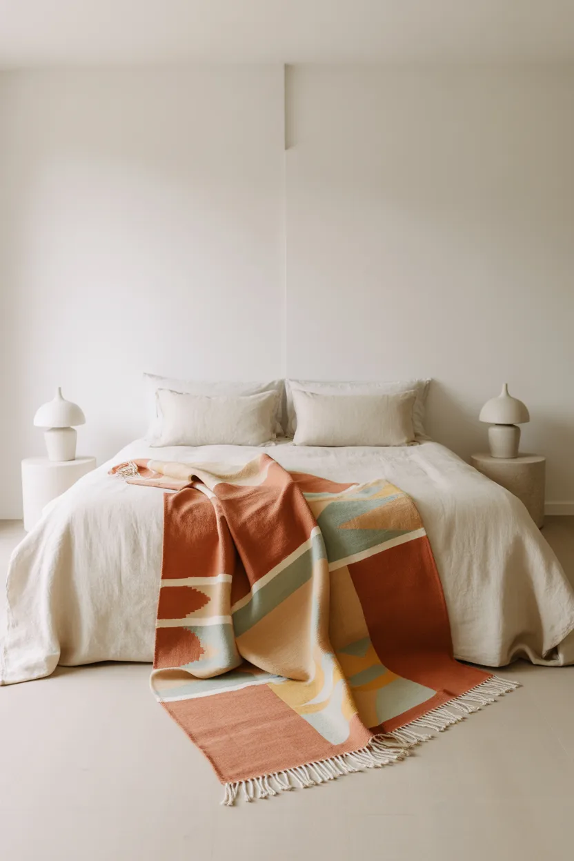 Minimalist Bedroom With Handwoven Throw Blanket
