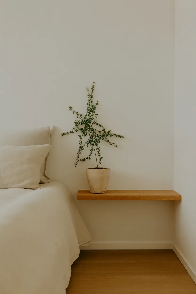 Minimalist Bedroom With One Perfect Plant on Shelf