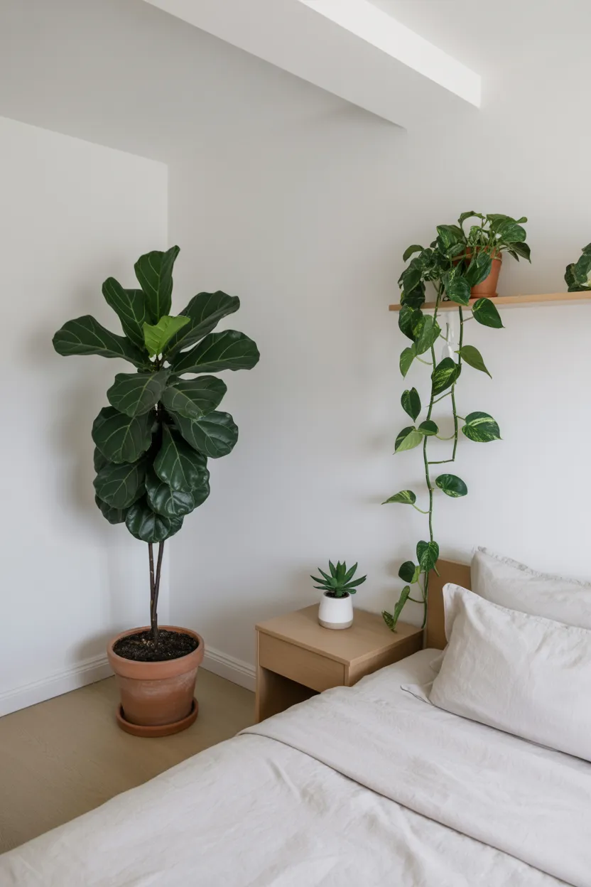 Minimalist Bedroom With Plants as Sole Color Source