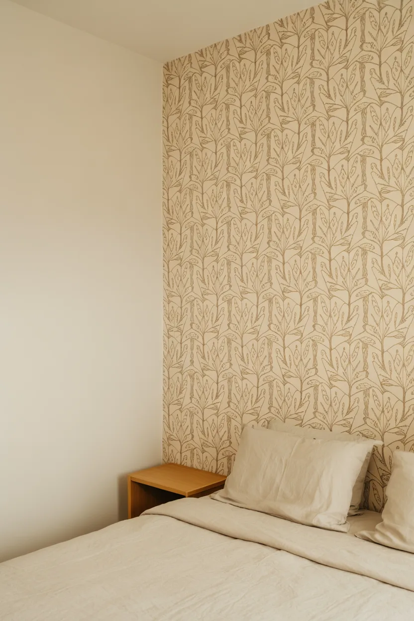 Minimalist Bedroom With Printed Wallpaper on Single Wall