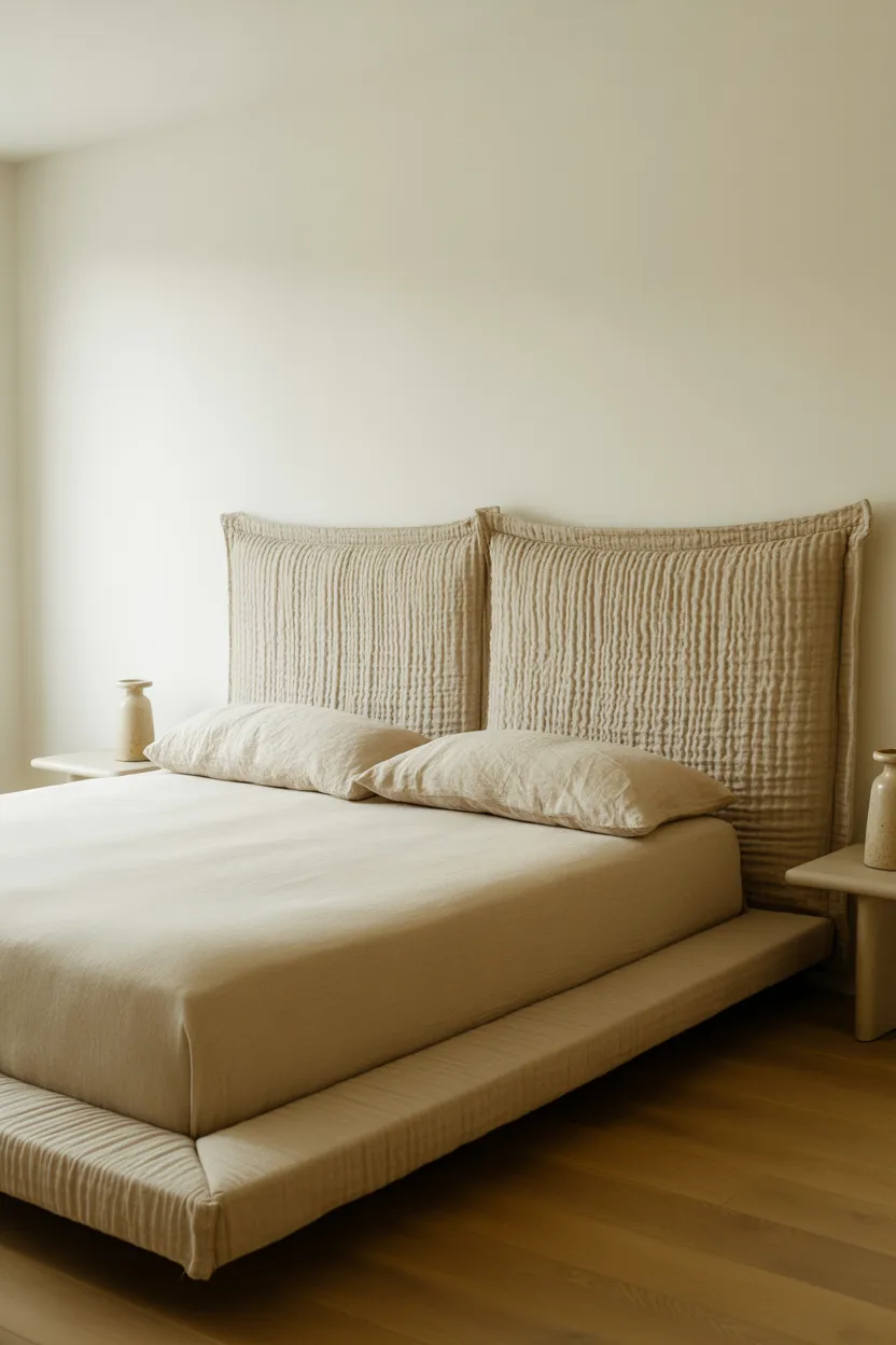 Minimalist Bedroom With Raw Linen Headboard