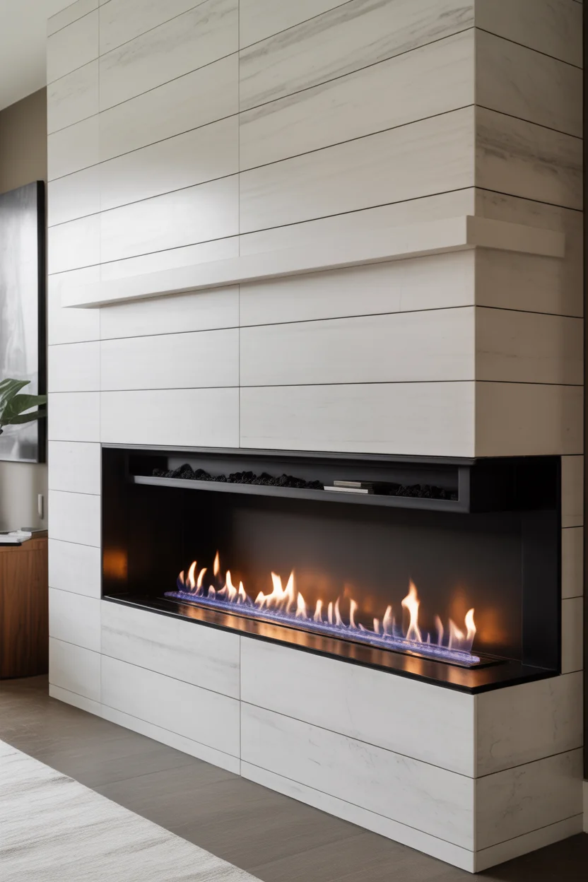 Minimalist White Marble Fireplace with Linear Flames