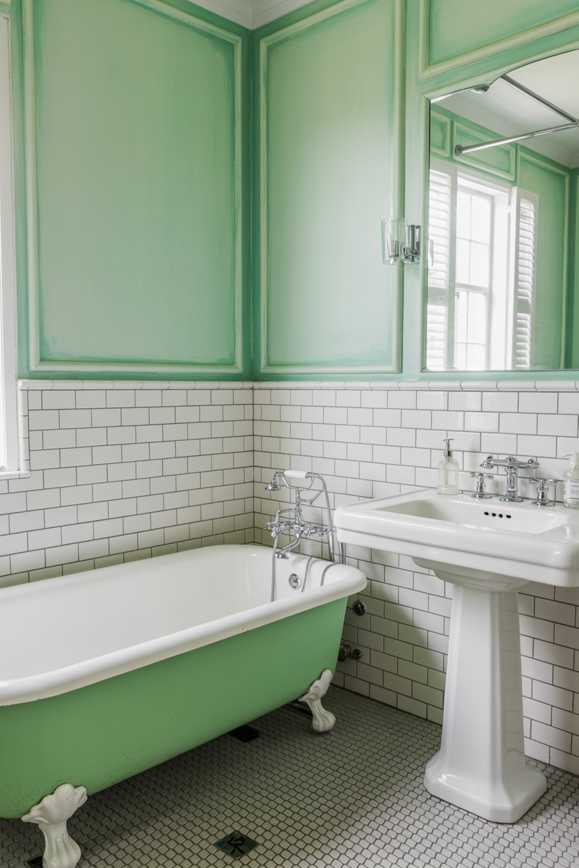 Mint Green and White Vintage Bathroom