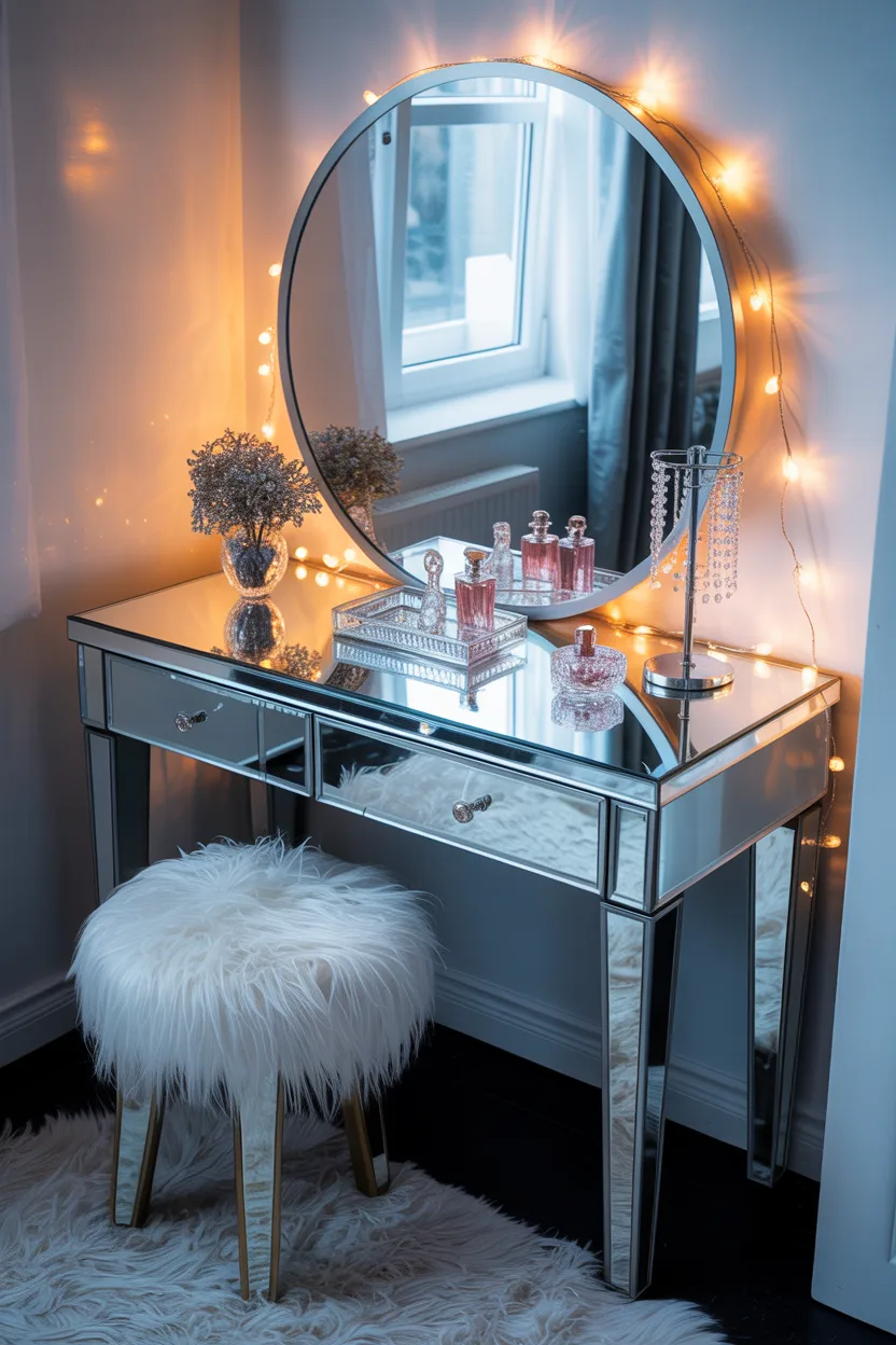 Mirrored Vanity Table With Crystal Accessories