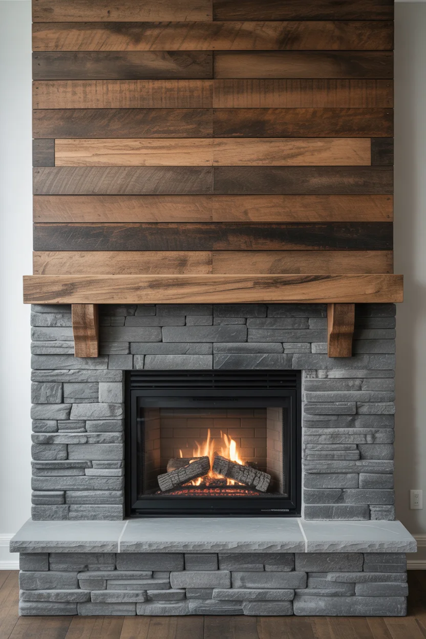 Mixed Material Fireplace with Stone and Reclaimed Wood