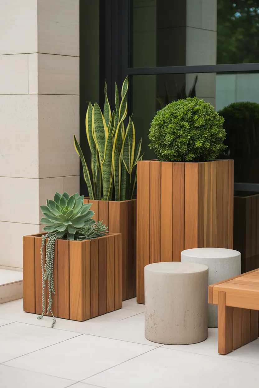 Modern Cube Planter in Weathered Teak