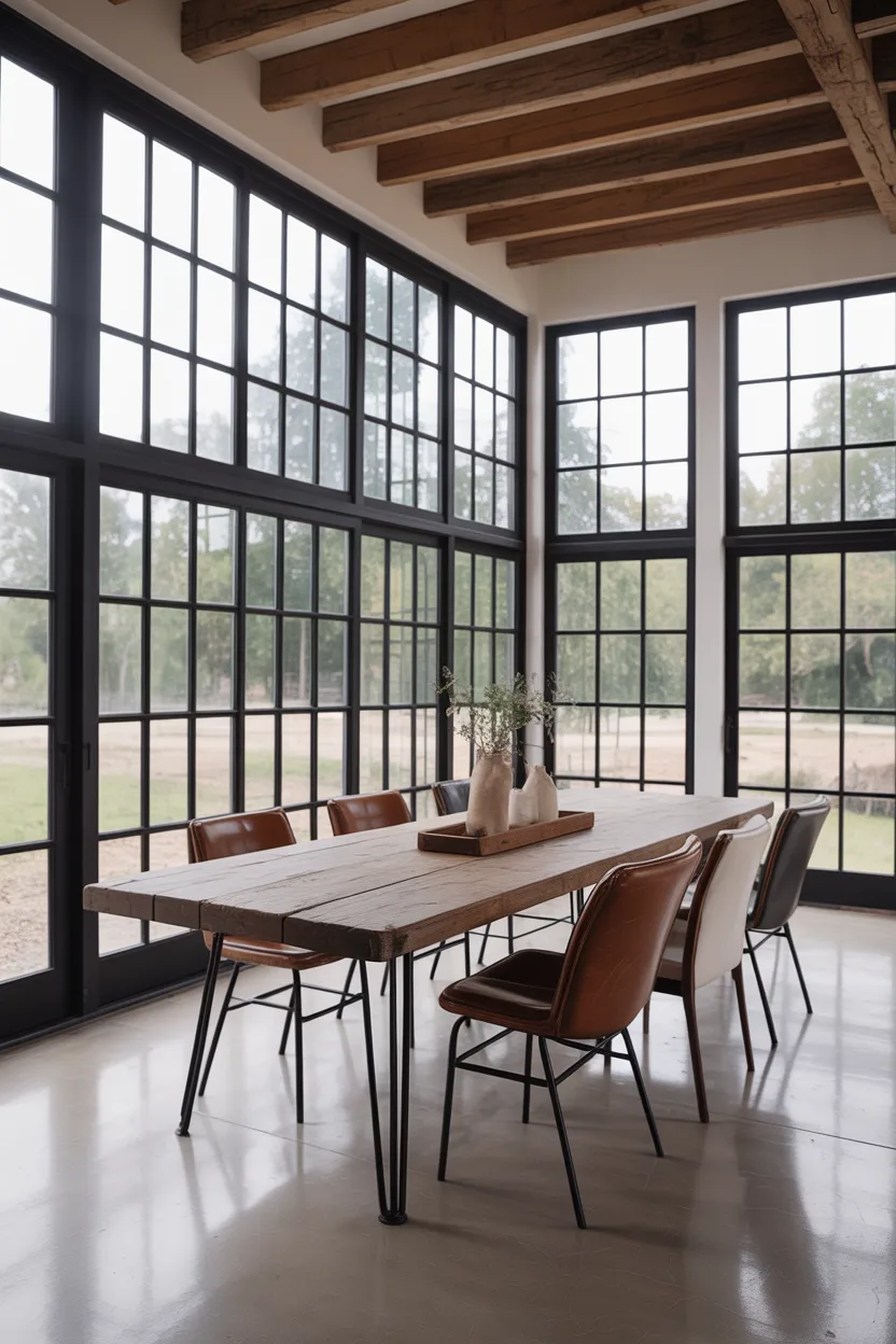 Modern Farmhouse Dining Room With Black Steel Windows