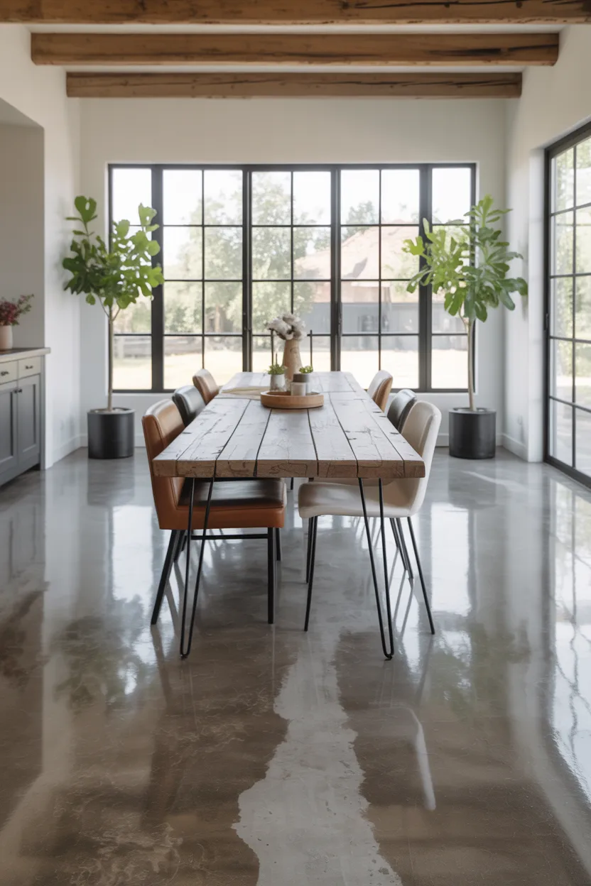 Modern Farmhouse Dining Room With Concrete Floor
