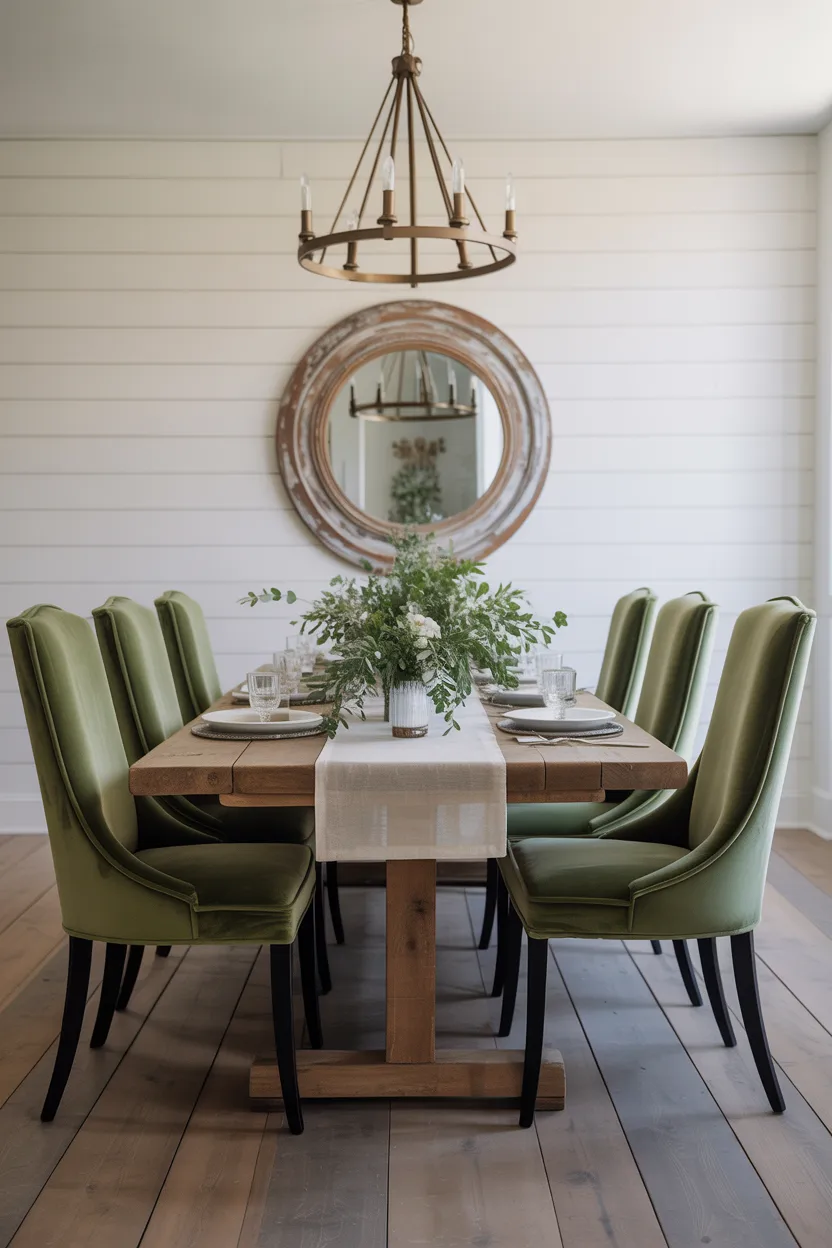 Modern Farmhouse Dining Room With Velvet Chairs