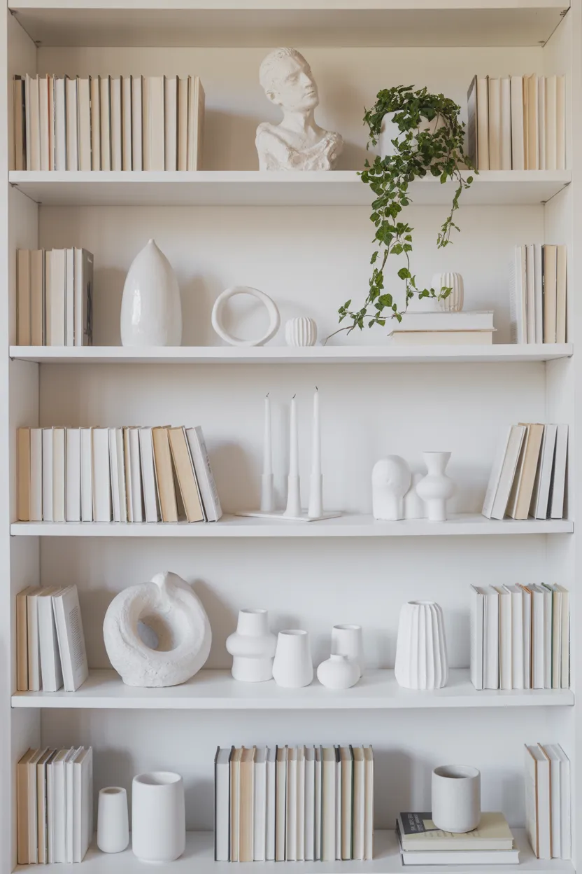 Monochromatic Shelf Styling in All White