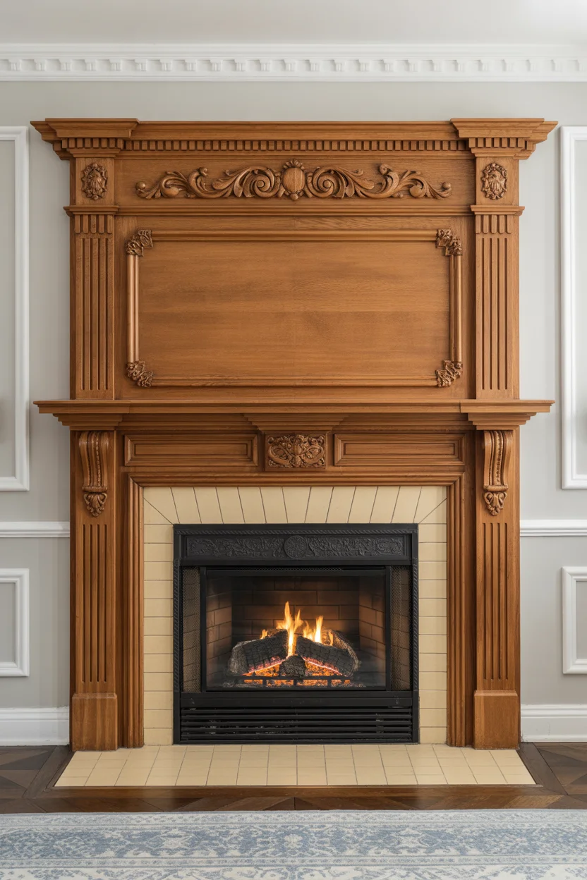 Warm Honey Oak Traditional Fireplace with Carved Mantel