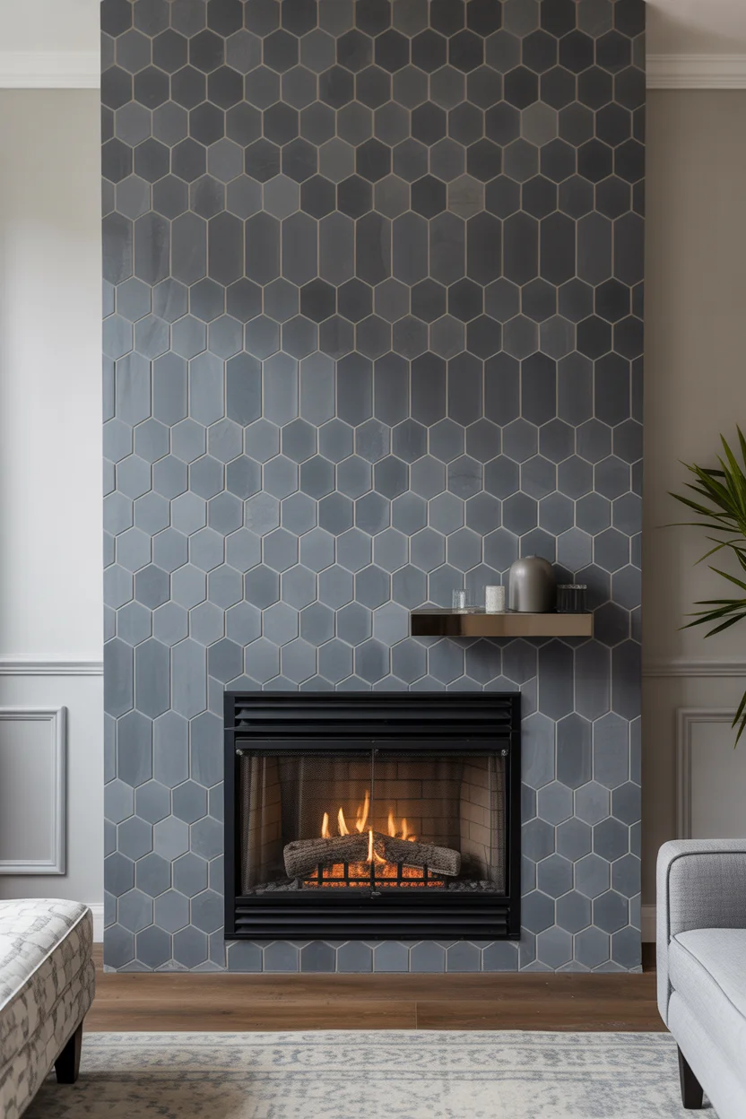 Monochrome Gray Tile Geometric Pattern Fireplace