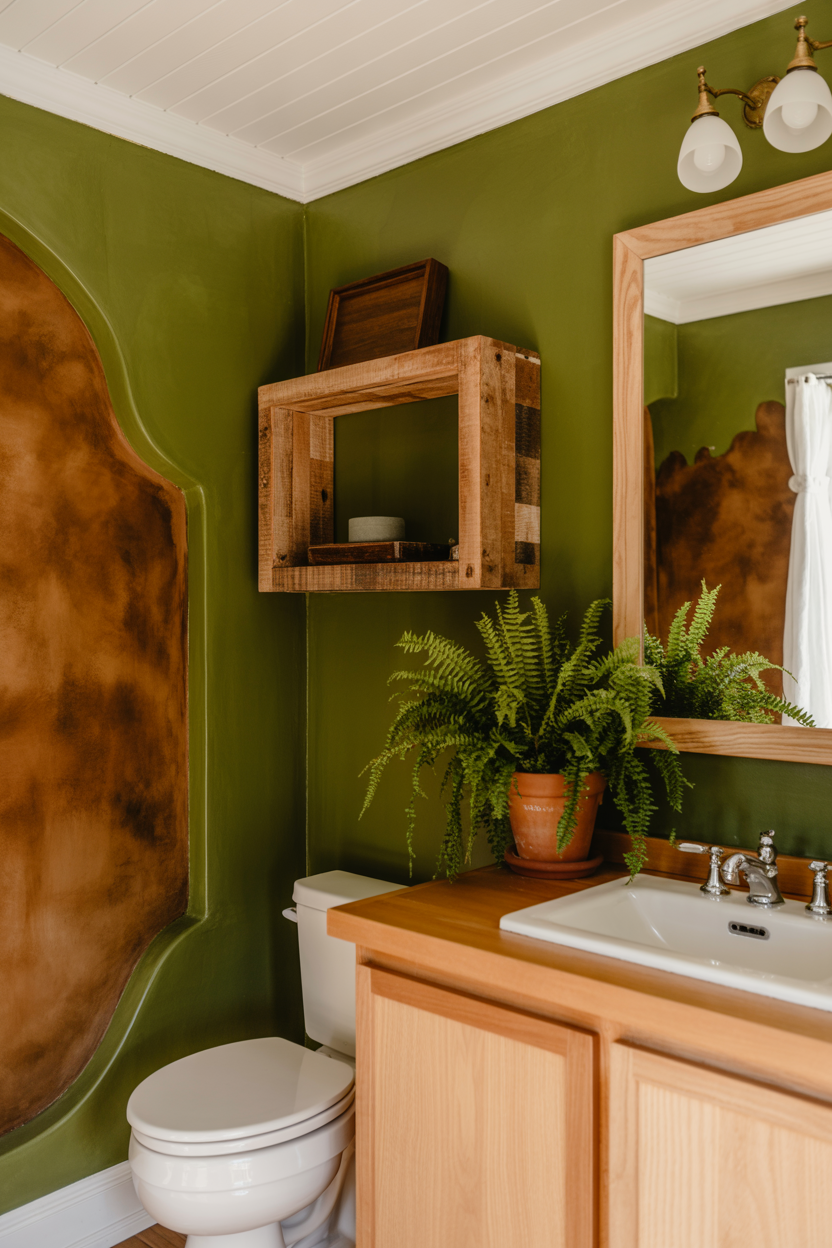 Moss Green Bathroom With Warm Timber