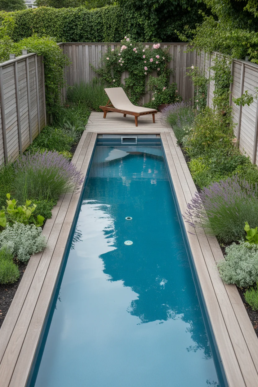 Narrow Lap Pool Deck With Side Garden Beds