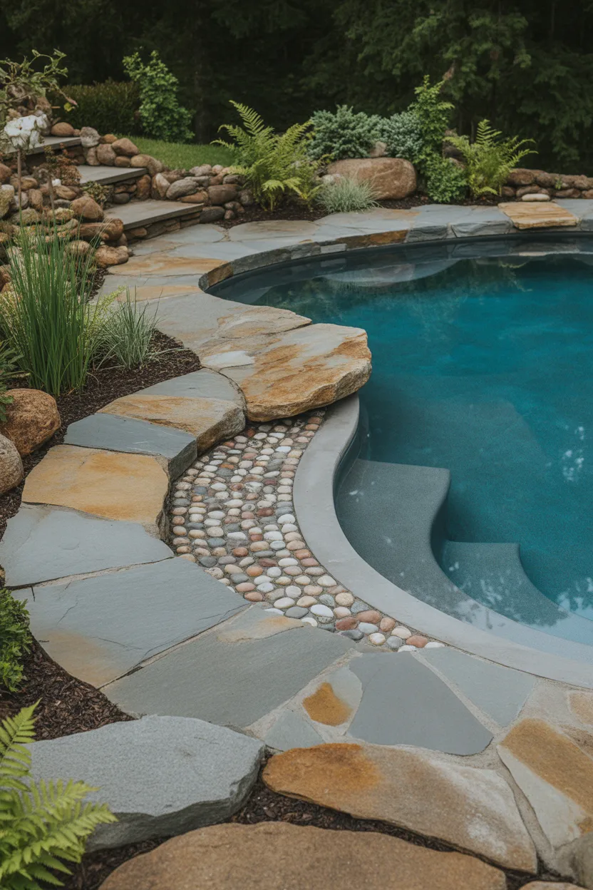 Natural Fieldstone Coping With Pebble Mosaic Tile