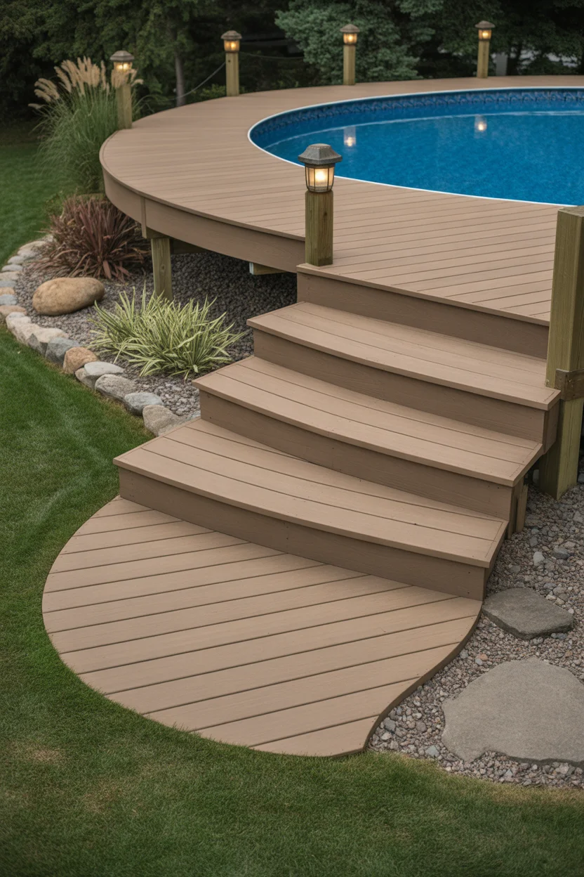 Natural Wood Deck With String Light Canopy