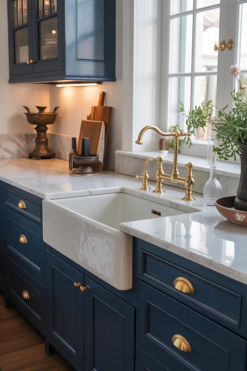 Navy Blue Kitchen With Farmhouse Sink and Brass Hardware