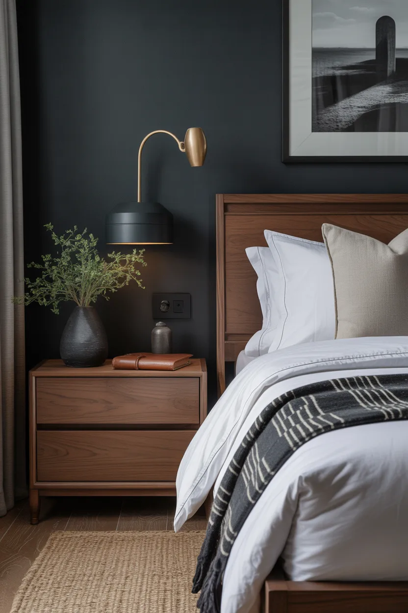 Neutral Masculine Guest Room With Dark Accents