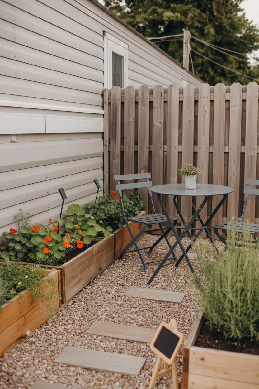 Outdoor Space Ideas Side Yard Gravel Patio With Raised Beds and a Bistro Set