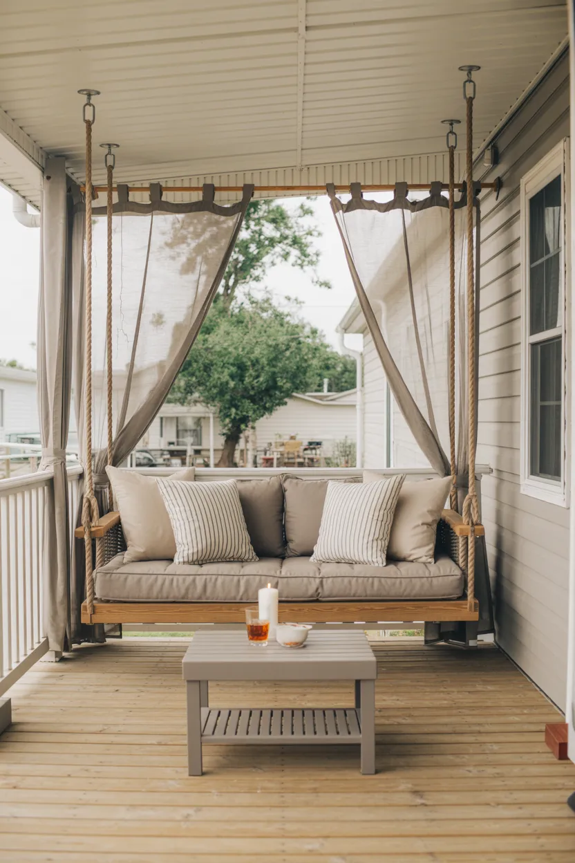 Covered Back Porch With Outdoor Curtains and a Daybed Swing
