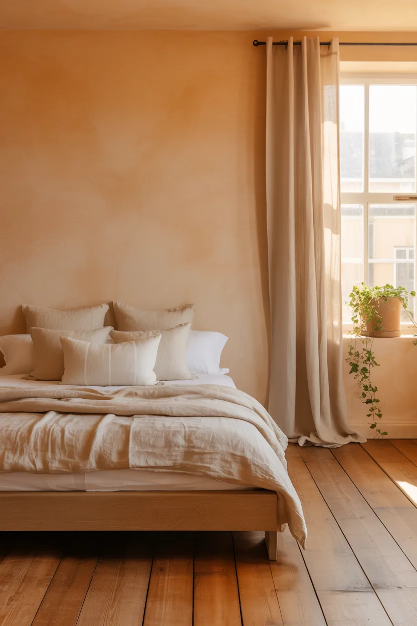 Sunrise Farmhouse Bedroom in Warm Peach and Cream With Timber Floors