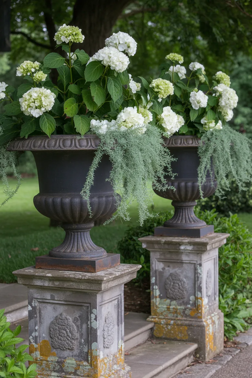 Cast Iron Urn Planters on Stone Plinths