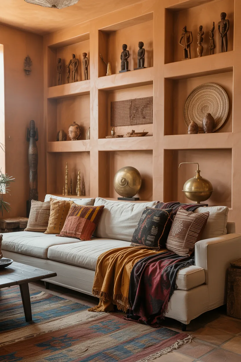 Terracotta Walls With Woven Textiles and Global Artifacts