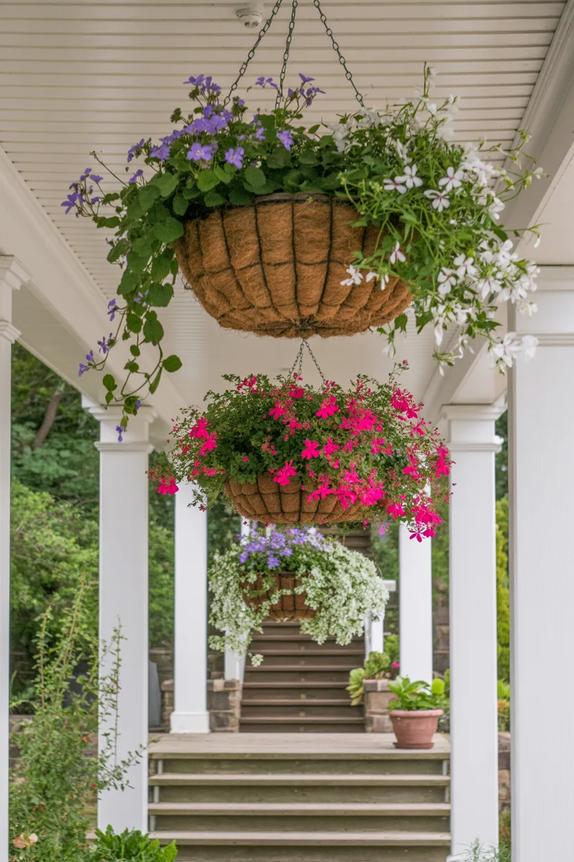 Hanging Basket Trio Above Porch Steps