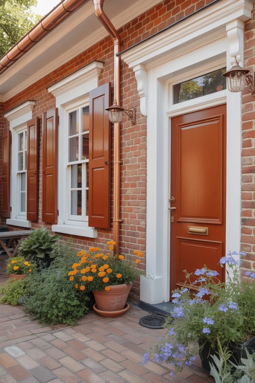 Off-White Trim With Rust Orange Shutters and Door