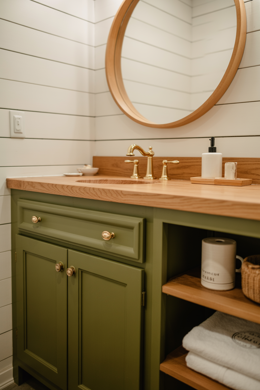  Olive Green Vanity With Natural Timber