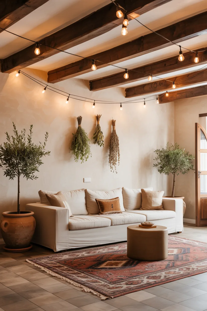 Boho Living Room With Exposed Wooden Ceiling Beams