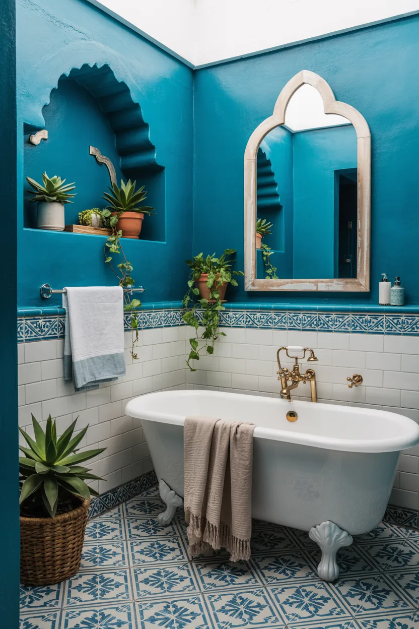 Teal Bathroom With Patterned Moroccan Tiles