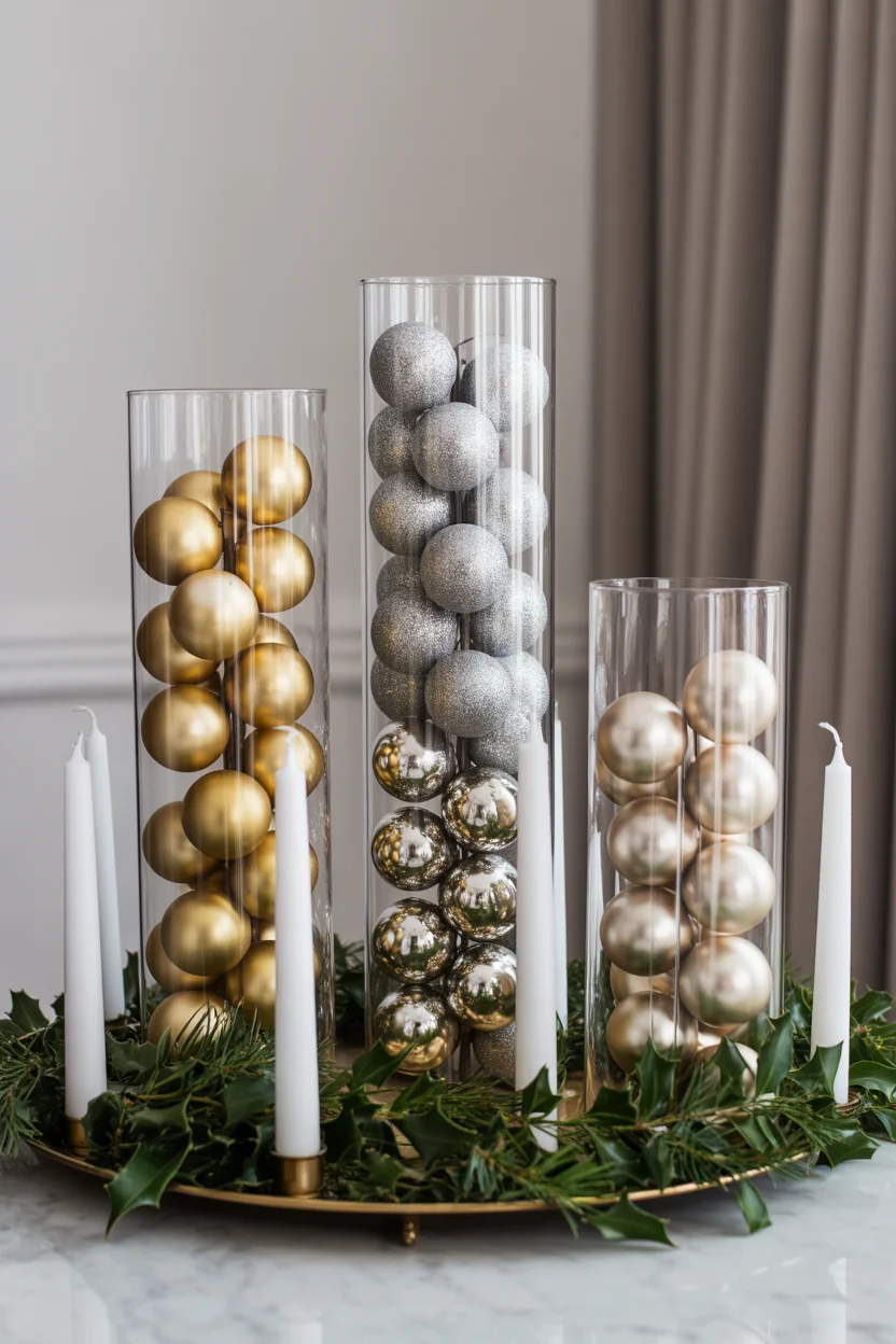 Ornament-Filled Glass Vase Display