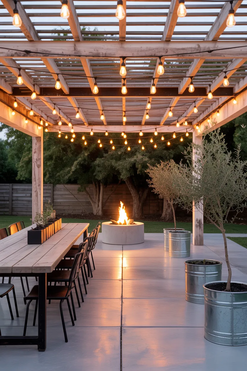 Outdoor Industrial Farmhouse Patio With String Lights and Wood
Industrial Farmhouse Ideas