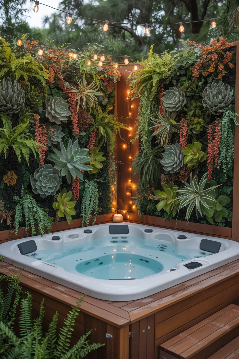 Outdoor Jacuzzi With Privacy Fence and Vertical Garden
