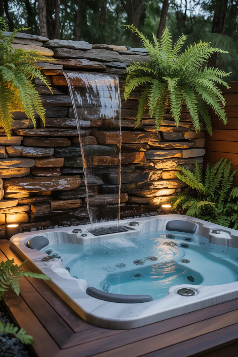 Outdoor Jacuzzi With a Waterfall Feature Wall