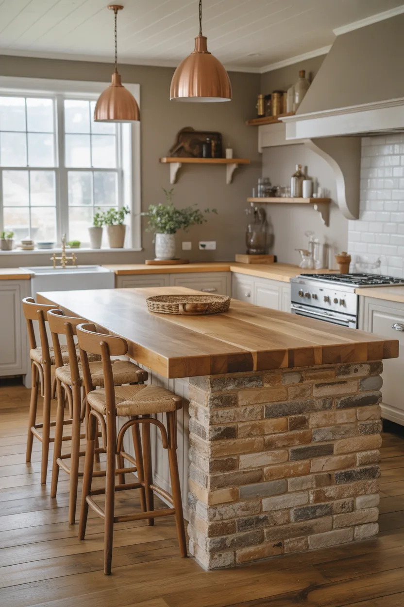 Stone-Clad Kitchen Island With Butcher Block Top and Bar Stools