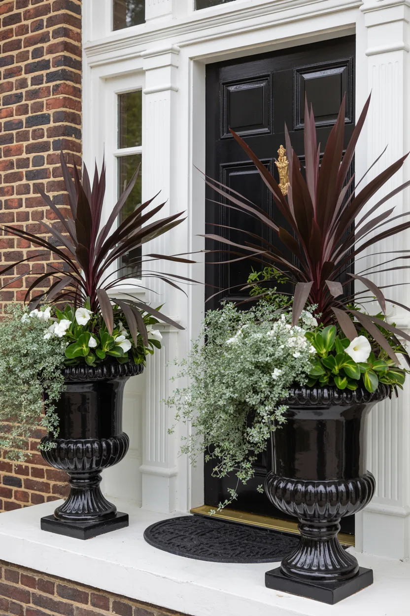 Porch Flower Pot Ideas Tall Black Urn Pair Flanking the Front Door